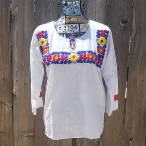 Mexican White Hand-Embroidered Blouse with Flowers